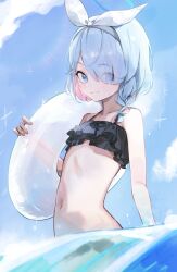 Rule 34 | 1girl, arona (blue archive), bare shoulders, blanc (whit blanc), blue archive, blue eyes, bow, hair bow, multicolored hair, short hair, smile, solo, swimsuit, two-tone hair