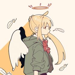 Rule 34 | 1girl, ahoge, angel wings, blonde hair, bocchi the rock!, bow, breadspie, collared shirt, feathered wings, feathers, green jacket, halo, highres, hood, hoodie, ijichi nijika, jacket, long hair, profile, red bow, school uniform, shirt, side ponytail, sidelocks, solo, upper body, white shirt, white wings, wings