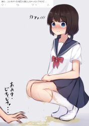 Rule 34 | 1girl, blue background, blue eyes, blue sailor collar, blue skirt, blush, bow, bowtie, brown hair, closed mouth, disembodied limb, embarrassed, female focus, flat chest, full body, hair tie, highres, japanese text, kanekan, kneehighs, looking at viewer, medium hair, miniskirt, nose blush, original, pee, peeing, peeing self, pleated skirt, puddle, red neckwear, sailor collar, school uniform, serafuku, shirt, shoes, short sleeves, sidelocks, simple background, skirt, socks, solo focus, spoken blush, squatting, sweat, talking, translated, twintails, wavy mouth, wet, wet clothes, wet socks, white footwear, white shirt, white socks, wide-eyed