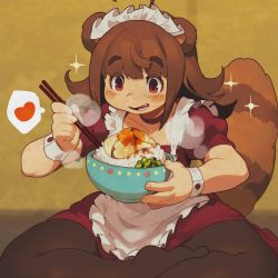 Rule 34 | 1girl, ahoge, animal ears, apron, blush, bowl, brown hair, character request, chopsticks, commentary request, copyright request, egg (food), food, foot out of frame, heart, highres, holding, holding bowl, holding chopsticks, maid headdress, open mouth, pantyhose, red eyes, rice, sanjiro (tenshin anman), short sleeves, sidelocks, sitting, solo, sparkle, speech bubble, spoken heart, tail, tareme, wrist cuffs, yellow background