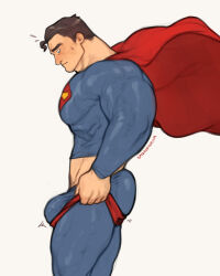 Rule 34 | 1boy, ass, bara, blue bodysuit, blush, bodysuit, bouncing ass, bouncing bulge, bulge, bulge lift, cape, dc comics, dressing, feet out of frame, from side, jimsdaydreams, large pectorals, male focus, meme, midriff peek, muscular, muscular male, navel, navel hair, never seen a guy recreate this (meme), open pants, pants, pants lift, pectorals, red cape, short hair, sideburns, solo, standing, superman, superman (series), sweatdrop, thick thighs, thighs, undersized clothes