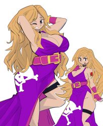 belt blonde_hair blue_eyes bracelet breasts choker cleavage dress fatal_fury fatal_fury:_city_of_the_wolves fingerless_gloves flower garou:_mark_of_the_wolves gloves highres jenet_behrn jewelry large_breasts long_hair one_eye_closed purple_dress rose smile snk solo tattoo the_king_of_fighters thigh_strap