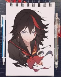 Rule 34 | 1girl, art tools in frame, black hair, blood, blood on face, closed mouth, facing viewer, grey eyes, kawacy, kill la kill, living clothes, looking at viewer, marker (medium), matoi ryuuko, multicolored hair, red neckwear, sailor collar, school uniform, senketsu, serafuku, short hair, smile, solo, streaked hair, torn clothes, traditional media, two-tone hair, unfinished