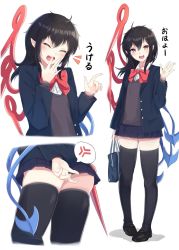 Rule 34 | 1girl, :d, alternate costume, anger vein, ass, asymmetrical wings, bag, black hair, black thighhighs, blazer, blouse, blue skirt, bow, bowtie, casual, closed eyes, collared shirt, commentary request, from behind, full body, hair between eyes, hand to own mouth, highres, holding, holding bag, houjuu nue, igayan, jacket, laughing, looking at viewer, medium hair, miniskirt, multiple views, open mouth, red bow, red bowtie, red eyes, shirt, simple background, skirt, smile, spoken anger vein, thighhighs, thighs, touhou, translation request, waving, white background, white shirt, wings