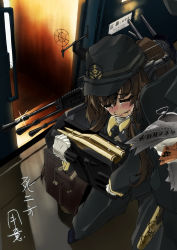 Rule 34 | 10s, 1girl, alternate costume, ammunition, ammunition box, artillery, bad id, bad pixiv id, black hat, blush, brown hair, carrying, closed eyes, crying, hair ornament, hat, headgear, kantai collection, long hair, military, msugi, personification, solo, translation request, yamato (kancolle)