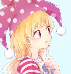 Rule 34 | 1girl, american flag dress, american flag shirt, bad id, bad twitter id, blonde hair, clownpiece, collar, eyebrows, finger to own chin, frilled collar, frilled shirt collar, frills, hat, highres, honotai, index finger raised, jester cap, long hair, neck ruff, nervous, pink hair, polka dot, ringed eyes, shirt, simple background, solo, sweat, touhou, upper body, very long hair