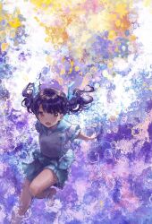 Rule 34 | 1girl, abstract background, black hair, blue ribbon, blue sailor collar, blue skirt, blush, bubble, fangs, fukumaru koito, hai bokusha, hair ribbon, highres, idolmaster, idolmaster shiny colors, knee up, looking away, multicolored background, open mouth, outstretched arms, pleated skirt, purple eyes, ribbon, sailor collar, shoes, short sleeves, skin fangs, skirt, socks, solo, twintails