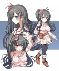Rule 34 | 1girl, ameko (sei000), black hair, blue eyes, blush, breast hold, breasts, character sheet, crossed arms, hair bobbles, hair ornament, heterochromia, highres, large breasts, long hair, looking at viewer, original, red eyes, ribbed sweater, sei000, smile, sweater, thighhighs