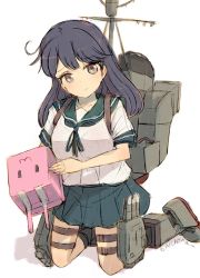 Rule 34 | 1girl, :3, ahoge, alchera, black hair, blue skirt, blush, breasts, brown eyes, cannon, holding, holding weapon, kantai collection, kneeling, large breasts, long hair, looking at viewer, machinery, pleated skirt, school uniform, serafuku, short sleeves, skirt, smile, solo, torpedo tubes, turret, twitter username, ushio (kancolle), weapon