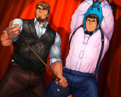 Rule 34 | 2boys, arms up, auction, bara, black eyes, black hair, black vest, bound, bound wrists, bow, bowtie, brown hair, brown pants, bulge, cane, denim, facial hair, formal, goatee, highres, jeans, large pectorals, male focus, multiple boys, muscular, muscular male, nipples, original, paid reward available, pants, pectorals, pink shirt, paid reward available, shirt, short hair, sleeves rolled up, spiked hair, suspenders, tarutoru, thick thighs, thighs, tight clothes, tight shirt, undercut, vest, white shirt