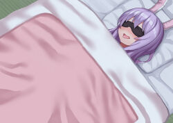 Rule 34 | 1girl, absurdres, animal ears, bdsm, blindfold, blush, bondage, bound, futon, highres, isemori, long hair, lying, open mouth, pink hair, rabbit ears, reisen udongein inaba, solo, stealth bondage, tongue, tongue out, touhou