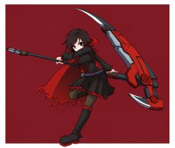 Rule 34 | 1girl, bandolier, belt, black dress, black eyes, black footwear, black hair, black pantyhose, boots, border, breasts, bullet, cape, commentary, corset, crescent rose, dress, frilled dress, frills, full body, gradient hair, highres, holding, holding scythe, knee boots, long sleeves, looking at viewer, medium breasts, multicolored hair, pantyhose, red background, red cape, red hair, ruby rose, rwby, scythe, short hair, solo, standing, standing on one leg, two-tone hair, white border, yan pai