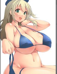 Rule 34 | 10s, 1girl, atago (kancolle), bikini, blonde hair, breasts, cleavage, covered erect nipples, curvy, green eyes, hat, huge breasts, kantai collection, long hair, navel, oohira sansetto, oohira sunset, open mouth, sitting, smile, solo, strap gap, swimsuit