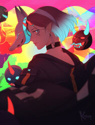 Rule 34 | 1girl, artist name, black choker, blue hair, blurry, blurry foreground, brown hair, choker, cyberpunk (series), cyborg, earrings, fang, fox mask, from behind, gradient hair, hairband, highres, horns, jewelry, koyorin, lips, looking at viewer, mask, multicolored hair, oni mask, pointy ears, red eyes, short hair, solo, upper body