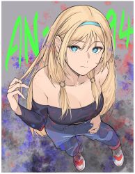 Rule 34 | 1girl, absurdres, an-94 (girls&#039; frontline), aqua eyes, aqua hairband, bare shoulders, blonde hair, breasts, character name, cleavage, closed mouth, collarbone, defy (girls&#039; frontline), denim, from above, full body, girls&#039; frontline, graffiti, hair ornament, hairband, hairclip, hand in own hair, hand in pocket, highres, jeans, kavni, long hair, looking at viewer, off-shoulder shirt, off shoulder, pants, purple shirt, shirt, shoes, simple background, small breasts, sneakers, solo, standing, white footwear