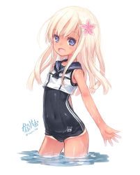 Rule 34 | 10s, 1girl, bad id, bad pixiv id, blonde hair, blue eyes, blush, capriccio, crop top, flower, hair flower, hair ornament, hibanar, highres, kantai collection, long hair, looking at viewer, one-piece swimsuit, open mouth, ro-500 (kancolle), sailor collar, school swimsuit, simple background, sketch, smile, solo, swimsuit, swimsuit under clothes, tan, tanline, water, wet