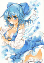 Rule 34 | 1girl, absurdres, adapted costume, aged up, alternate breast size, bare shoulders, blue eyes, blue hair, blush, bra, breasts, cirno, cleavage, detached sleeves, dress, highres, ice, ice wings, large breasts, looking at viewer, marker (medium), matching hair/eyes, panties, short hair, solo, striped clothes, striped panties, thighhighs, touhou, traditional media, underwear, vertical-striped clothes, vertical-striped panties, wings, yurun