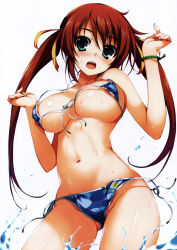 Rule 34 | 1girl, absurdres, aqua eyes, bare shoulders, bikini, blush, breasts, brown hair, front-tie bikini top, front-tie top, highres, large breasts, long hair, looking at viewer, navel, open mouth, original, scan, side-tie bikini bottom, simple background, solo, swimsuit, tomose shunsaku, twintails, wardrobe malfunction, water, white background