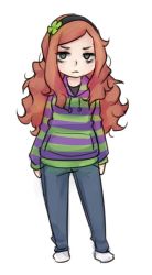 Rule 34 | 1girl, 4chan, bags under eyes, clover, denim, female focus, four-leaf clover, freckles, full body, green eyes, hairband, hood, hoodie, jeans, light frown, long hair, looking at viewer, monorus, no shoes, official art, pants, red hair, simple background, socks, solo, standing, striped clothes, striped hoodie, sweater, vivian james, white background