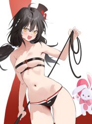 Rule 34 | 1girl, :d, ahoge, bare shoulders, belt, belt bra, bikini, black bikini, black hair, black hat, black ribbon, breasts, cameltoe, chest belt, collarbone, commission, cowboy shot, detached sleeves, elsword, eve (2nas) (elsword), eve (elsword), facial mark, fang, groin, hair ornament, hat, long hair, looking at viewer, low twintails, medium breasts, navel, open mouth, revision, ribbon, see-through, see-through sleeves, smile, solo, standing, stomach, stuffed animal, stuffed rabbit, stuffed toy, swimsuit, thigh gap, thighs, timy, top hat, twintails, white background, yellow eyes