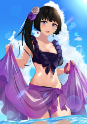 Rule 34 | 1girl, :d, alternate hairstyle, asato (fadeless), bang dream!, bikini, black hair, blue flower, blue rose, blush, breasts, cleavage, clothes lift, collarbone, commentary request, day, earrings, flower, frilled bikini, frills, hair flower, hair ornament, highres, jewelry, long hair, looking at viewer, medium breasts, navel, open mouth, outdoors, purple eyes, purple sarong, rose, sarong, sarong lift, shirokane rinko, side ponytail, sidelocks, smile, solo, standing, swimsuit, wading, white flower, white rose