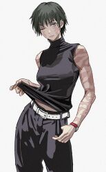 Rule 34 | 1girl, absurdres, bare shoulders, belt, belt buckle, black hair, black pants, black shirt, buckle, closed mouth, commentary, english commentary, green eyes, highres, jujutsu kaisen, muscular, muscular female, one eye closed, pants, scar, scar on arm, scar on face, shiren (ourboy83), shirt, short hair, simple background, sleeveless, sleeveless shirt, solo, turtleneck, turtleneck shirt, white background, white belt, zen&#039;in maki