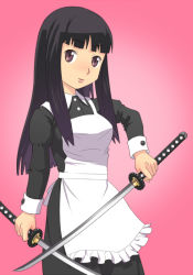 Rule 34 | 1girl, apron, black hair, dual wielding, holding, katana, long hair, maid, maid apron, meow (nekodenki), original, purple eyes, solo, sword, weapon