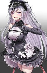 Rule 34 | 1girl, azur lane, black background, black dress, black gloves, black hair, black hat, black ribbon, black thighhighs, bow, breasts, chain, clothing cutout, cowboy shot, cross, dress, elbe (azur lane), fang, frilled dress, frills, gloves, gradient background, hair ribbon, hat, highres, iron cross, layered dress, long hair, looking at viewer, medium breasts, multicolored hair, naga (pixiv70891418), open mouth, peaked cap, purple eyes, ribbon, shoulder cutout, skin fang, skirt hold, smile, solo, streaked hair, swept bangs, thighhighs, two-tone background, two side up, very long hair, white background, white bow, white hair
