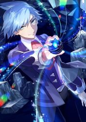 Rule 34 | 1boy, blue eyes, blue hair, collared shirt, cowboy shot, creatures (company), dutch angle, game freak, highres, holding tera orb, jewelry, long sleeves, looking at viewer, male focus, necktie, nintendo, pokemon, pokemon oras, ring, shirt, smile, solo, sparkle, standing, steven stone, tera orb, tsu (md tsune)