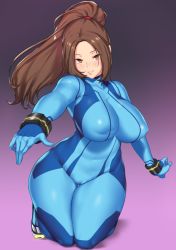 Rule 34 | 1girl, aster crowley, blue bodysuit, blush, bodysuit, breasts, brown eyes, brown hair, cameltoe, cleft of venus, cosplay, covered erect nipples, covered navel, female focus, gradient background, high ponytail, highres, kneeling, large breasts, long hair, looking at viewer, matching hair/eyes, metroid, nintendo, parted bangs, parted lips, ponytail, puffy areolae, puffy nipples, samus aran, samus aran (cosplay), shiranui mai, skin tight, smile, solo, super smash bros., the king of fighters, thick thighs, thighs, wrist cuffs, zero suit
