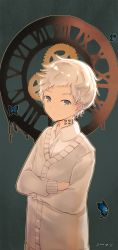 Rule 34 | 1boy, blouse, blue butterfly, blue eyes, bug, butterfly, crossed arms, gears, grey background, heixie, highres, insect, long sleeves, looking at viewer, male focus, neck tattoo, norman (yakusoku no neverland), number tattoo, shirt, smile, solo, standing, tattoo, white hair, white shirt, yakusoku no neverland