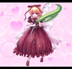 Rule 34 | 1girl, blonde hair, blue eyes, bow, female focus, flower, hair ribbon, heart, highres, k-sk style, letterboxed, lily of the valley, medicine melancholy, open mouth, ribbon, shoes, short hair, skirt, solo, touhou