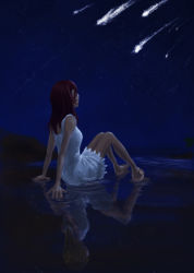 Rule 34 | 1girl, arm support, artist request, bare arms, bare shoulders, barefoot, blonde hair, breasts, different reflection, dress, dual persona, falling star, from side, gradient background, kairi (kingdom hearts), kingdom hearts, long hair, looking up, md5 mismatch, namine, night, night sky, red hair, reflection, resized, shooting star, sitting, sky, solo, star (symbol), water