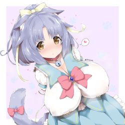 Rule 34 | 1girl, alternate breast size, animal ears, aqua dress, aqua sailor collar, aqua skirt, bea (bropmlk), bell, belt collar, blush, border, bow, bowtie, breasts, brown eyes, cat ears, cat girl, cat tail, chestnut mouth, cinnamon (nekopara), cleavage, collar, dress, dutch angle, expressionless, frilled collar, frills, full-face blush, hair bow, heart, highres, huge breasts, impossible clothes, impossible shirt, jewelry, lactation, lactation through clothes, light purple hair, looking at viewer, nekopara, no nose, outside border, parted bangs, parted lips, pink bow, ponytail, purple background, ribbon, sailor collar, shirt, short sleeves, skirt, solo, speech bubble, spoken heart, tail, tail bow, tail ornament, tareme, taut clothes, underbust, upper body, yellow bow, yellow ribbon