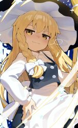 Rule 34 | 1girl, apron, black hat, black skirt, black vest, blonde hair, bow, braid, breasts, brown eyes, closed mouth, collared shirt, dress shirt, frilled apron, frills, hair between eyes, hair bow, half-closed eyes, hand on own hip, hat, highres, kirisame marisa, long sleeves, looking at viewer, monosenbei, puffy long sleeves, puffy sleeves, shirt, single braid, skirt, small breasts, smug, solo, touhou, vest, waist apron, white apron, white bow, white shirt
