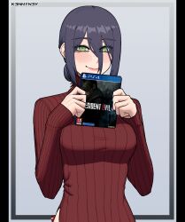 Rule 34 | 1girl, among us, artist name, chainsaw man, cover, crewmate (among us), game console, green eyes, hair between eyes, hair bun, highres, k3nnyn3v, leon s. kennedy, looking at viewer, playstation 4, purple hair, red sweater, resident evil, resident evil 4, reze (chainsaw man), short hair, single hair bun, smile, solo, sweater
