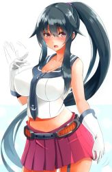Rule 34 | 10s, 1girl, afterimage, agarwood, anchor symbol, bare shoulders, belt, black hair, black necktie, blush, breasts, cleavage, collarbone, cowboy shot, eyebrows, gloves, hair between eyes, hair flaps, hair ornament, kantai collection, large breasts, long hair, looking at viewer, midriff, miniskirt, motion lines, multicolored background, necktie, open mouth, pleated skirt, polka dot, polka dot background, ponytail, purple eyes, red skirt, school uniform, serafuku, skirt, sleeveless, solo, standing, sweat, two-tone background, very long hair, waving, white gloves, yahagi (kancolle)