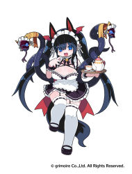 Rule 34 | 1girl, animal ears, bell, black footwear, black hair, blue eyes, brave sword x blaze soul, breasts, cleavage, copyright notice, cup, dress, full body, garter straps, head wings, holding, holding tray, large breasts, long hair, maid, maid headdress, mary janes, mikazuki menzen, miniskirt, neck bell, neck garter, official art, open mouth, photoshop (medium), pleated skirt, pointy ears, ribbon-trimmed dress, shoes, simple background, skirt, snake, solo, tail, teacup, teapot, thighhighs, tray, twintails, very long hair, white background, white thighhighs, wings, wrist cuffs, zankuro