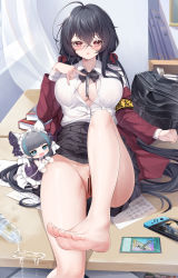 Rule 34 | 1girl, absurdres, armband, azur lane, bar censor, barefoot, black hair, blush, bottle, censored, feet, foot focus, glasses, handheld game console, highres, long hair, looking at viewer, no panties, open clothes, open shirt, parted lips, pussy, red eyes, round eyewear, soles, table, taihou (azur lane), taihou (sweet time after school) (azur lane), toes, trading card, water bottle, yellow armband