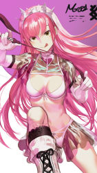 Rule 34 | 1girl, :q, boots, bra, breasts, brown eyes, cleavage, closed mouth, elbow gloves, fate/grand order, fate (series), floating hair, gloves, highres, holding, knee up, lingerie, long hair, looking at viewer, medb (fate), medb (fate), medium breasts, navel, panties, pink hair, riding crop, salmon88, shrug (clothing), smile, solo, tiara, tongue, tongue out, underwear, very long hair, white bra, white footwear, white gloves, white panties
