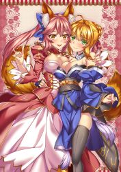 Rule 34 | 10s, 2girls, ahoge, alternate costume, animal ears, bad id, bad pixiv id, bare shoulders, black legwear, blonde hair, blue kimono, blush, braid, breasts, cleavage, cosplay, costume switch, detached sleeves, dress, fate/extra, fate/grand order, fate (series), fox ears, fox tail, green eyes, hair ribbon, highres, japanese clothes, kimono, large breasts, long hair, looking at viewer, multiple girls, nero claudius (fate), nero claudius (fate) (all), nero claudius (fate/extra), obi, pink hair, red dress, ribbon, sash, shiny skin, shirokuma a, short hair, skindentation, smile, tail, tamamo (fate), tamamo no mae (fate/extra), thighhighs, twintails, yellow eyes