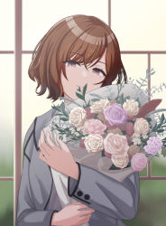 Rule 34 | 1girl, absurdres, bouquet, brown hair, closed mouth, commentary, dated, flower, grey jacket, hair ornament, hairclip, highres, higuchi madoka, holding, holding bouquet, idolmaster, idolmaster shiny colors, jacket, keika (otsukare), light smile, looking at viewer, mole, mole under eye, open clothes, open jacket, purple eyes, rose, shirt, short hair, solo, upper body, white shirt