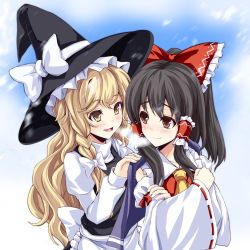 Rule 34 | 2girls, asu hare, black hair, blonde hair, bow, braid, breath, capelet, casual, crossed arms, detached sleeves, eye contact, female focus, from behind, hair bow, hair tubes, hakurei reimu, hand on shoulder, happy, hat, highres, japanese clothes, kirisame marisa, long hair, looking at another, looking back, miko, multiple girls, open mouth, ribbon-trimmed sleeves, ribbon trim, side braid, smile, touhou, witch, witch hat, yellow eyes, yuri