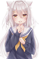 Rule 34 | 1girl, :d, animal ear fluff, animal ears, black shirt, blush, brown eyes, cat ears, commentary request, finger to mouth, grey hair, hair intakes, hair ornament, hairclip, hand up, highres, long sleeves, looking at viewer, neckerchief, one side up, open mouth, original, ringouulu, sailor collar, school uniform, serafuku, shirt, shushing, simple background, sleeves past wrists, smile, solo, white background, white sailor collar, yellow neckerchief
