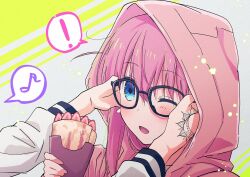 Rule 34 | !, 1girl, 1other, bespectacled, black-framed eyewear, blue eyes, bocchi the rock!, crepe, eighth note, food, glasses, gotoh hitori, hair between eyes, highres, holding, holding food, hood, hood up, hooded jacket, jacket, long hair, lowlifescore, musical note, one eye closed, one side up, open mouth, pink hair, pink jacket, solo focus, spoken exclamation mark, spoken musical note