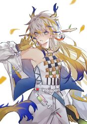Rule 34 | 1girl, arknights, arm at side, blonde hair, blue eyes, blue hair, bracelet, colored skin, cowboy shot, dragon girl, dragon horns, dragon tail, falling leaves, floating hair, grey hair, hair between eyes, hair intakes, hand up, highres, holding, holding sword, holding weapon, horns, jacket, jewelry, leaf, long hair, long sleeves, looking to the side, multicolored hair, off shoulder, open clothes, open jacket, open mouth, pants, pointy ears, shiba257, shirt, shu (arknights), sidelocks, simple background, solo, strapless, strapless shirt, streaked hair, sword, tail, teeth, weapon, white background, white jacket, white pants, white shirt