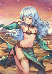 Rule 34 | 1girl, anklet, bikini, bikini top only, blue eyes, blue hair, blush, breasts, dancer, detached sleeves, gou (ga673899), hair ornament, hairclip, haoni, jewelry, long hair, looking at viewer, matching hair/eyes, navel, original, sandals, silver hair, small breasts, smile, solo, stomach, swimsuit, thigh strap
