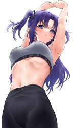 Rule 34 | 1girl, armpits, arms up, black pants, blue archive, blue eyes, closed mouth, commentary request, from below, grey sports bra, highres, lds (dstwins97), long hair, looking at viewer, midriff, navel, pants, purple hair, simple background, solo, sports bra, sweat, two side up, white background, yoga pants, yuuka (blue archive)