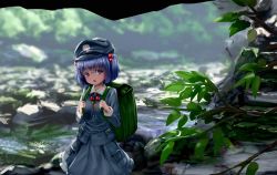 Rule 34 | 1girl, backpack, bag, blue eyes, blue hair, blue shirt, blue skirt, blurry, blurry background, collared shirt, cowboy shot, foliage, green bag, hair bobbles, hair ornament, hat, highres, holding strap, kawashiro nitori, key, long sleeves, nature, open mouth, outdoors, pocket, rock, ryosios, shirt, skirt, skirt set, solo, standing, stream, touhou, two side up