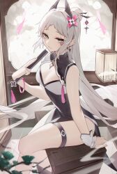 Rule 34 | 1girl, absurdres, arknights, bare shoulders, black dress, breasts, cleavage, commentary request, darling0221, dress, grey eyes, grey hair, hair bun, highres, holding, irene (arknights), long hair, looking at viewer, parted lips, sitting, sleeveless, sleeveless dress, small breasts, solo, thigh strap, thighs, very long hair, wrist cuffs